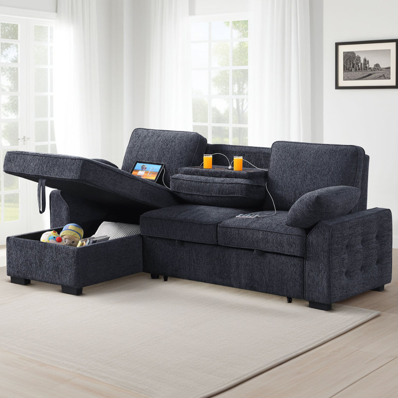 91" Convertible Sleeper Sectional Sofa with Pull-Out Bed, Storage Armrest, and Storage Chaise, Dark Gray Polyester Blend