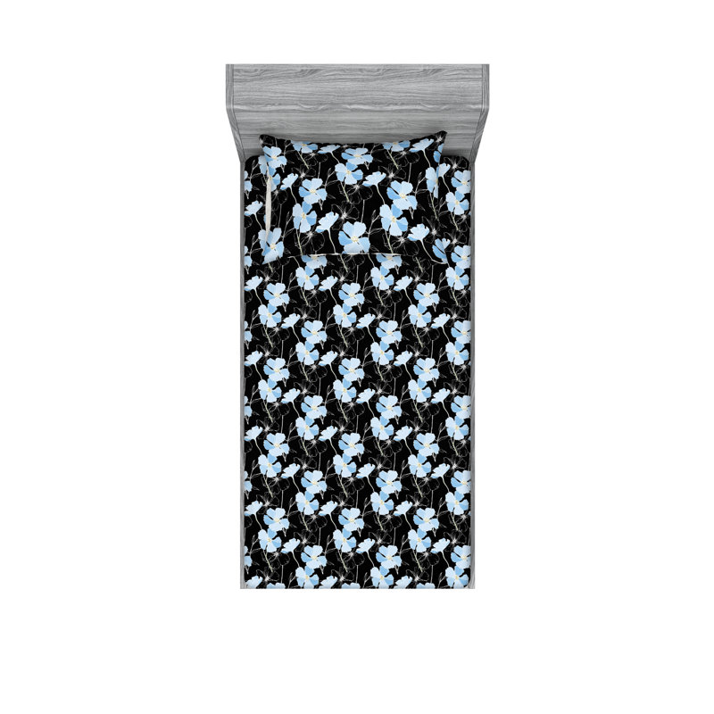 Drap-housse et taies décoratives 3 pièces Ambesonne, Noir, blanc, bleu doux / floral