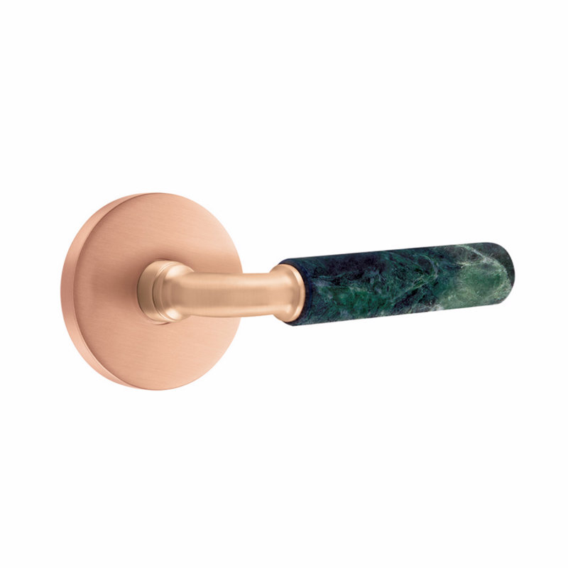 Ensemble de leviers de passage Emtek Select, rosette à disque, tige R-Bar, poignée en marbre vert, CF, Or rose satiné
