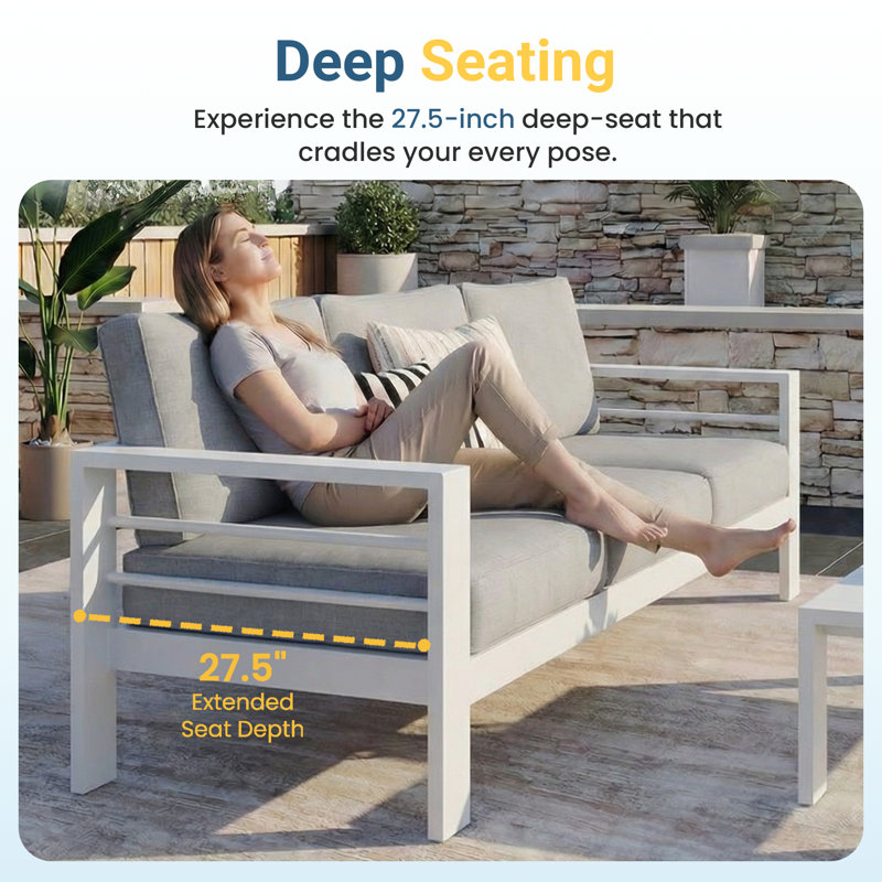 Brandtley 5-Person Metal Outdoor Seating Group With Cushions, White/Light Gray