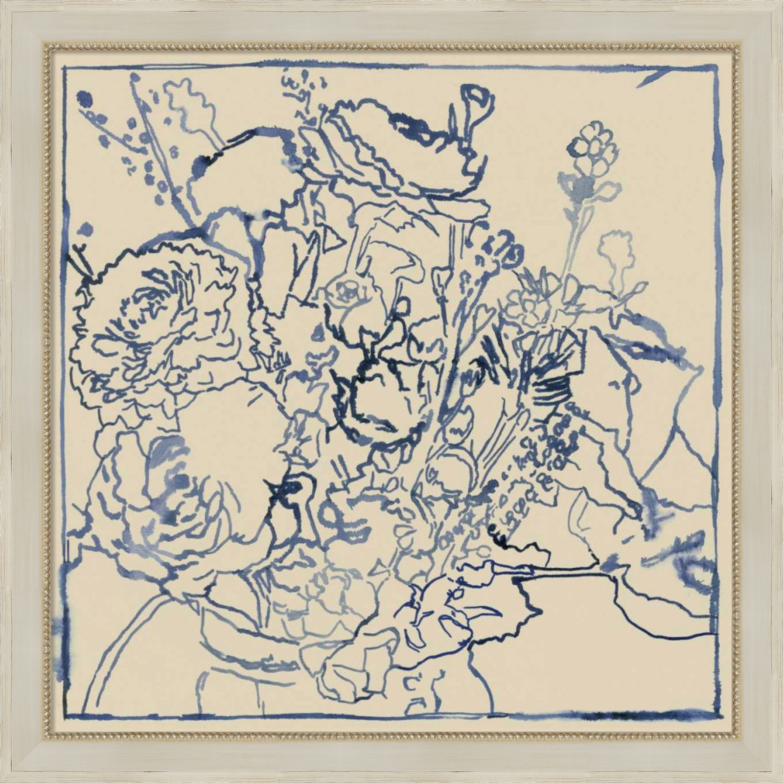 Indigo Floral Sketch I Print, Cream, 36" W x 36" H