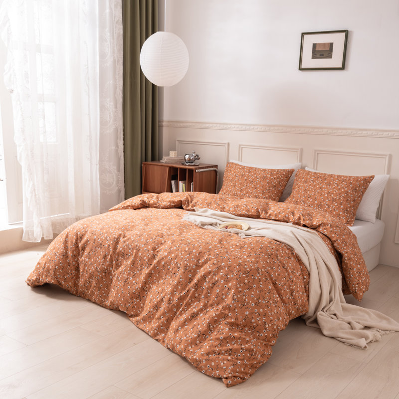 Microfiber Comforter Set, Orange Floral, Queen Comforter + 2 Standard Shams