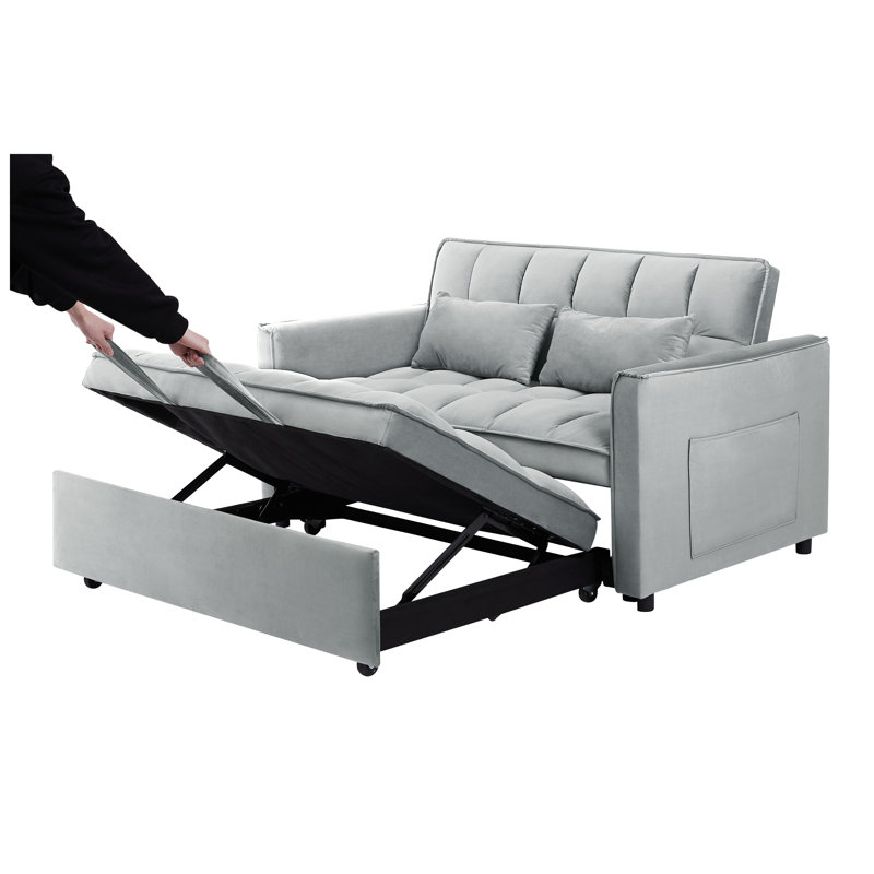 Canapé-lit moderne en velours de 55,1 pouces avec dossier réglable et rangement, futon gris clair pour les petits espaces