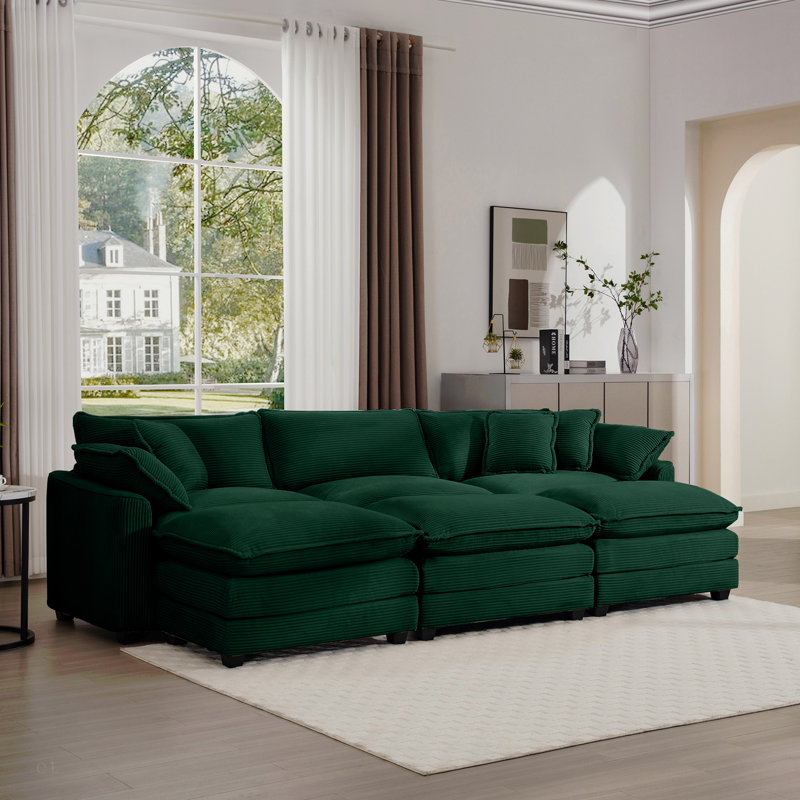 Ensemble de canapé surdimensionné à coussins modulaires, repose-pieds portatif, ensemble de canapé d'angle à dossier bas en L à assise profonde pour ensemble de salon, Velours côtelé vert