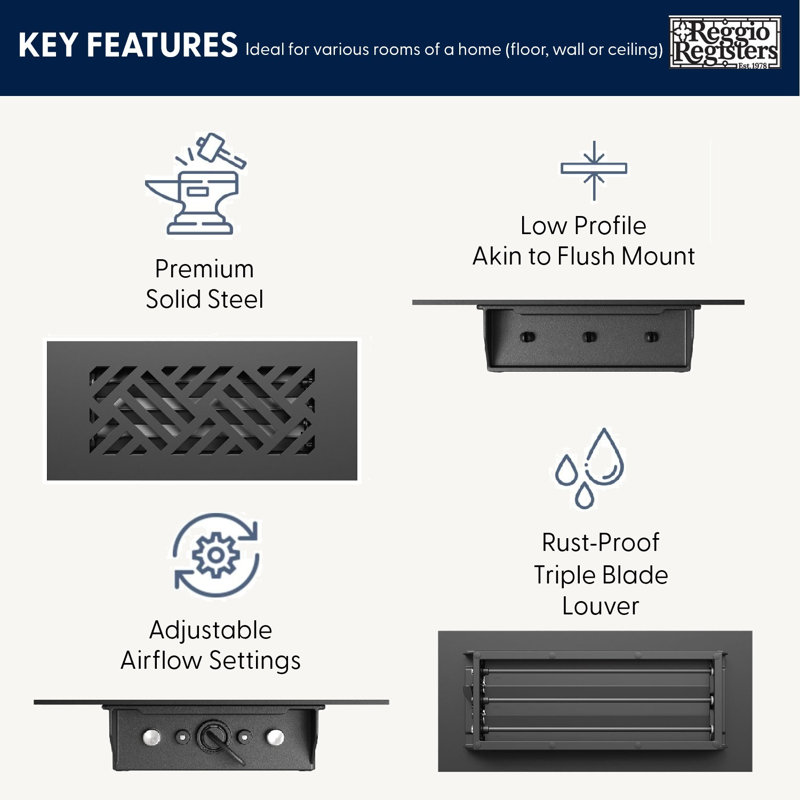 Reggio Register 4x10 Low-Profile Steel Floor Vent Cover - Diagonal Pattern - Rust-Proof Louvre, Silver