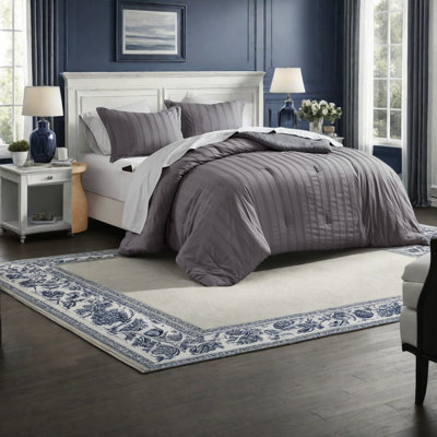 Modern 7-piece Queen Bedding Set, Polyester Comforter With Woven Stripes, Ideal For Dorms And Apartments
