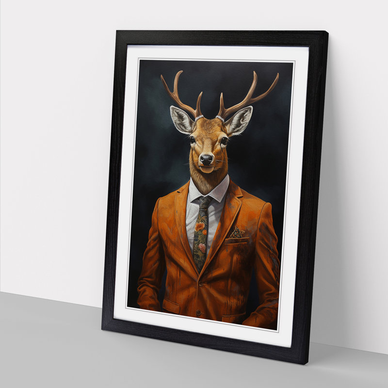 XYZ-FRM-V1223-511 Deer In A Suit Painting - Single Picture Frame Print on Wood, 34cm H x 25cm W x 2cm D, Black