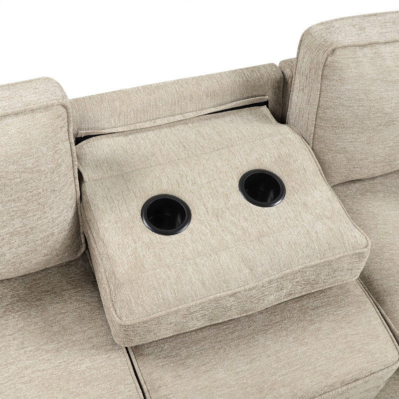 Canapé-lit modulaire en forme de L de 126 po avec canapé-lit et dispositif de charge pour porte-gobelets, Chenille beige