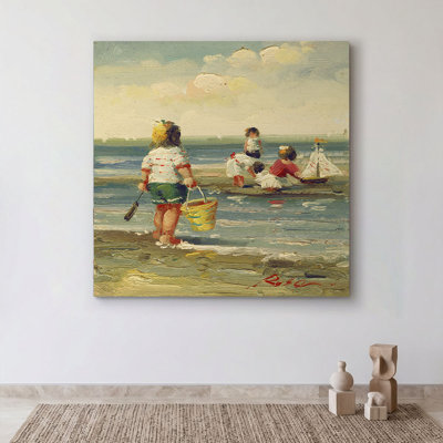 Children Playing with Toy Sailboat on Seashore Canvas Wall Art, Vintage Beach Oil Painting Print on High-Weight Canvas with Pine Inner Frame, Coastal Nautical Wall Decor