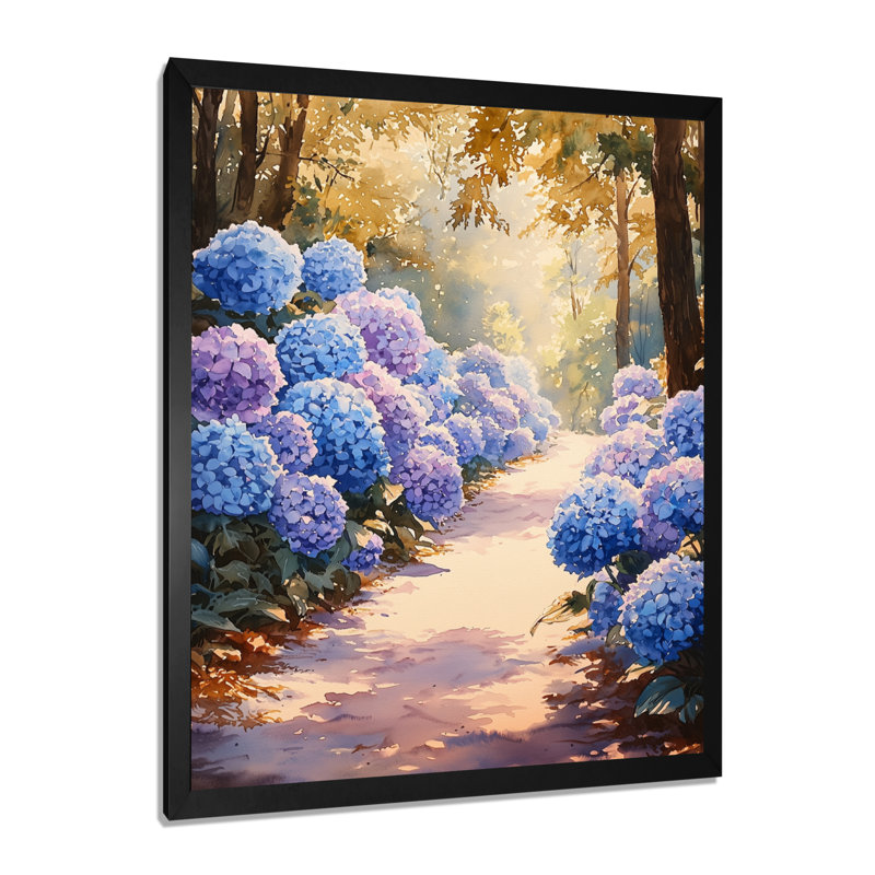 Hortensias dans le chemin du jardin III - Décoration murale florale, Noir, H 20 po x l 12 po
