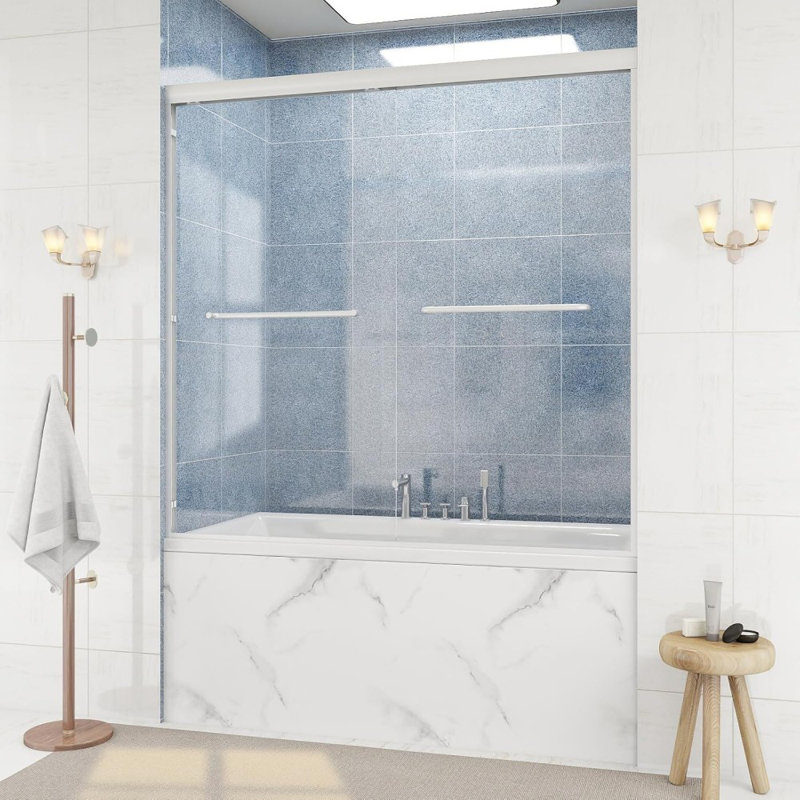 Porte de douche sans cadre de 56 à 60 po x H 58 po - verre trempé de 6 mm, cadre en aluminium réglable, poignée de barre à serviettes et film antidéflagrant