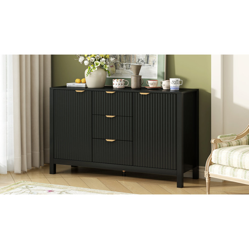 Buffet U_STYLE avec design ondulé 3 tablettes réglables, 3 tiroirs et portes à fermeture douce, console de rangement avec poignées en métal, convient pour le bureau, le couloir et le salon, 3 couleurs