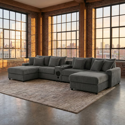 104-inch Sofa Set With Movable Ottomans, Featuring A Storage Side Cabinet, Usb Charging Ports, And An Acrylic Tabletop—a Chenille Living Room Sofa Set
