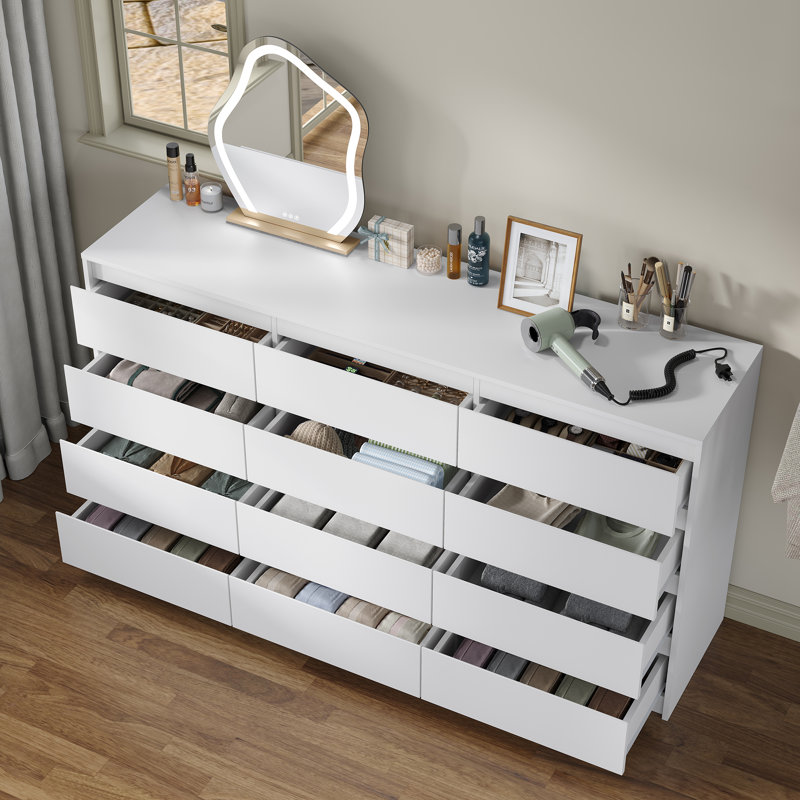 Commode double à 12 tiroirs Teasley, l 63 po pour chambre à coucher, Blanc