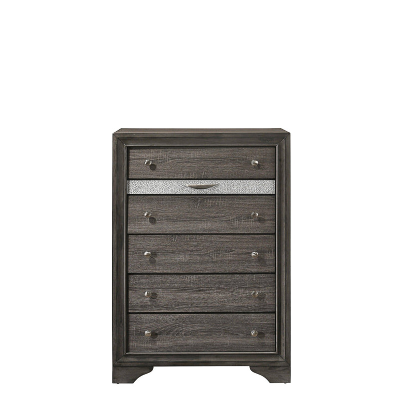 51 Inch Rubberwood 5 Drawer Tall Dresser Chest with Jewelry Tray, Black, Gray