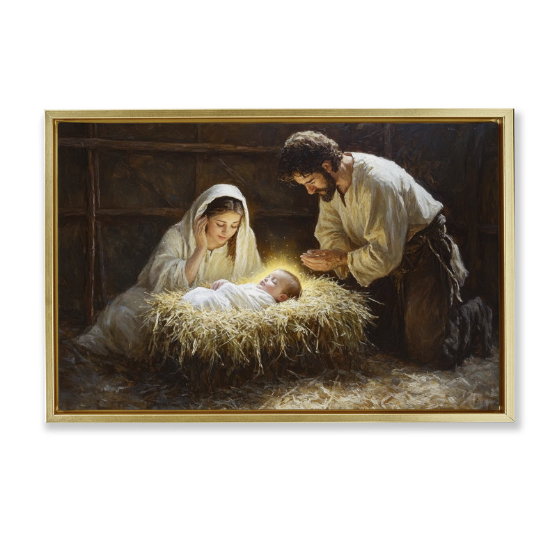 Cadre flottant Christ Nat Born, H 21 po x l 31 po, Cadre flottant métallique doré