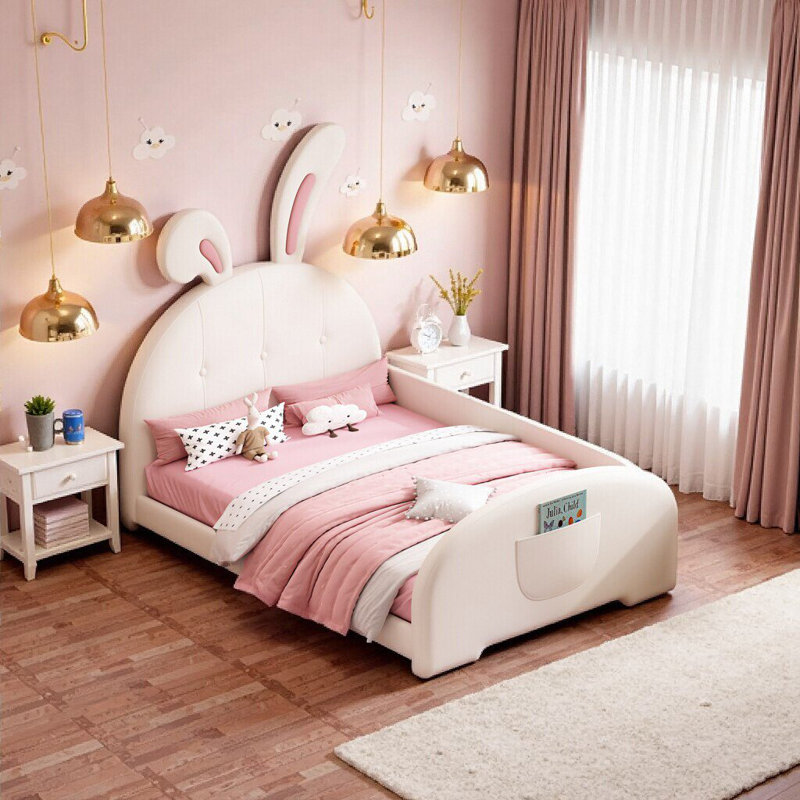 Lit princesse mignon en forme de lapin avec tête de lit tapissier - lit plateforme blanc pour filles, Blanc