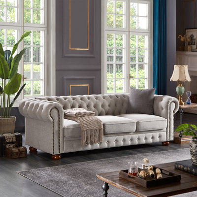 Chesterfield Sofa In Linen Fabric (Light Grey)