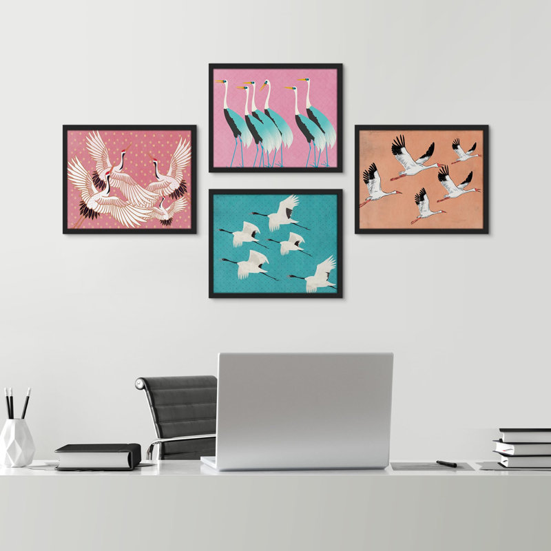 «Crane Bird» à motif d'animaux à pois roses, impression sur papier, 4 pièces, H 11 po x l 14 po, Noir