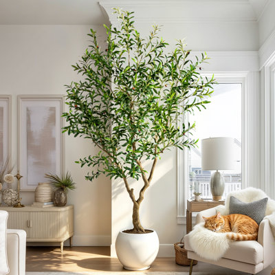 Olivier artificiel de 2,5 m avec pot blanc, olivier artificiel réaliste avec feuilles et fruits réalistes, grande plante d'intérieur pour salon, entrée, bureau, décoration intérieure