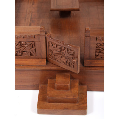 28" Kashmir Walnut Wood Carved Designer Temple - Handcrafted Traditional Indian Pooja Mandir with Intricate Maple Leaf Design Home Spiritual Decor