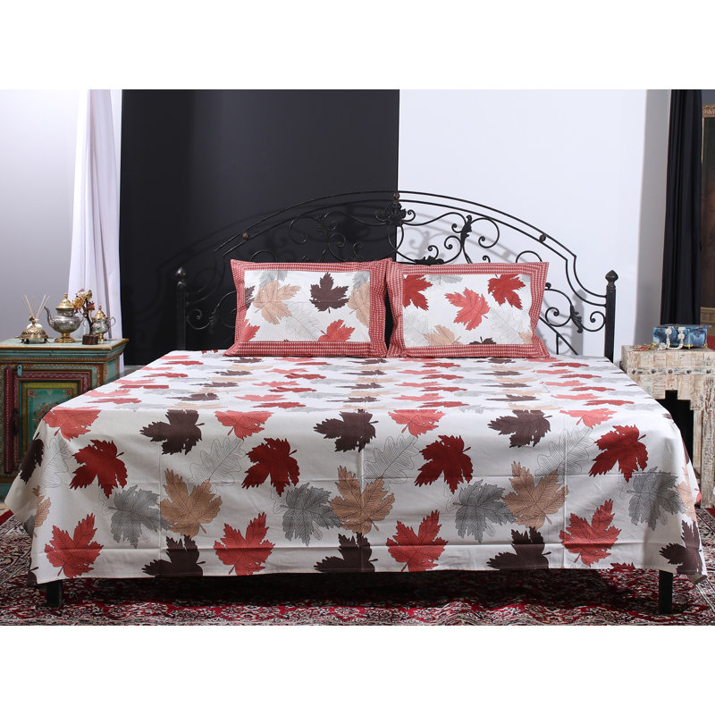 Exotic India Pure Cotton Bedsheet Queen Size Maple Leaf Printed  with Pillowcase Covers (Set of 2), Orange