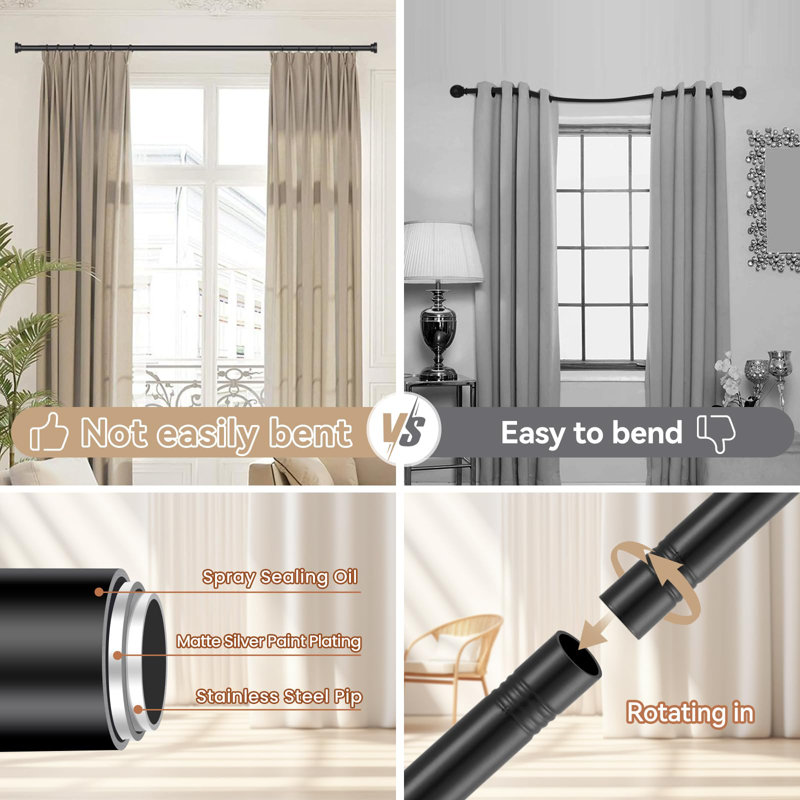 Curtain Rods For Windows 66 To 120 Inch, 5/8 Inch Black Small Curtain Rods, Metal Heavy Duty Drapery Rods (2.4-10FT)