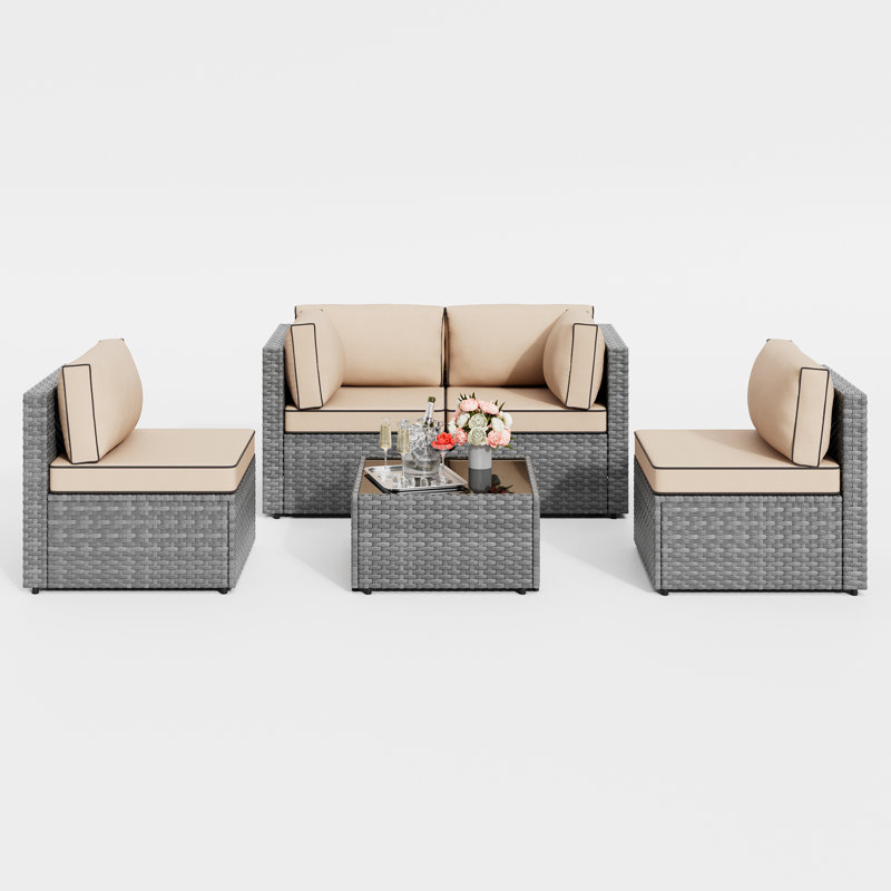 4-Person Outdoor Patio Set Seating Group with Cushions, Khaki, Sliver