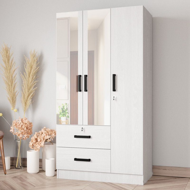  Armoire garde-robe avec deux miroirs pratiques placés sur les portes et deux tiroirs, Blanc