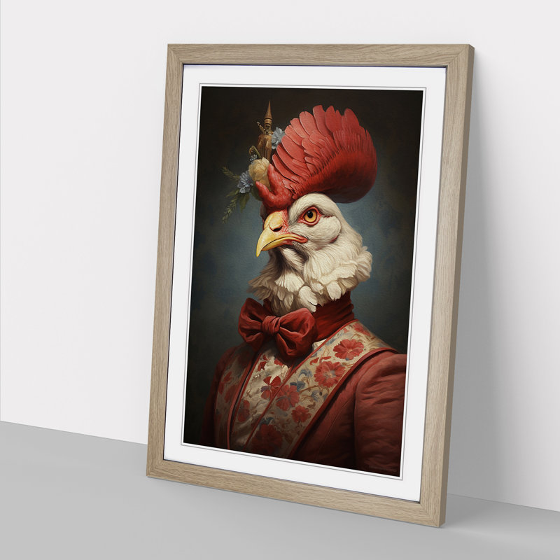 Chicken Romanticism - Single Picture Frame Print on Wood, 46cm H x 34cm W x 2cm D, Oak Framed