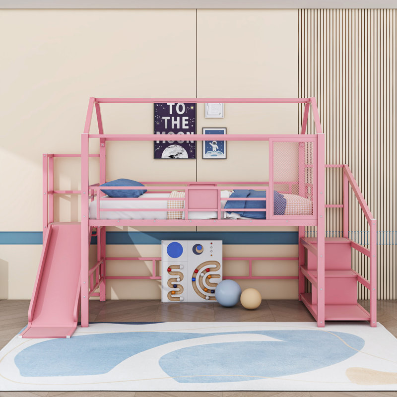 Lit mezzanine avec glissade et escalier House, Double, Rose