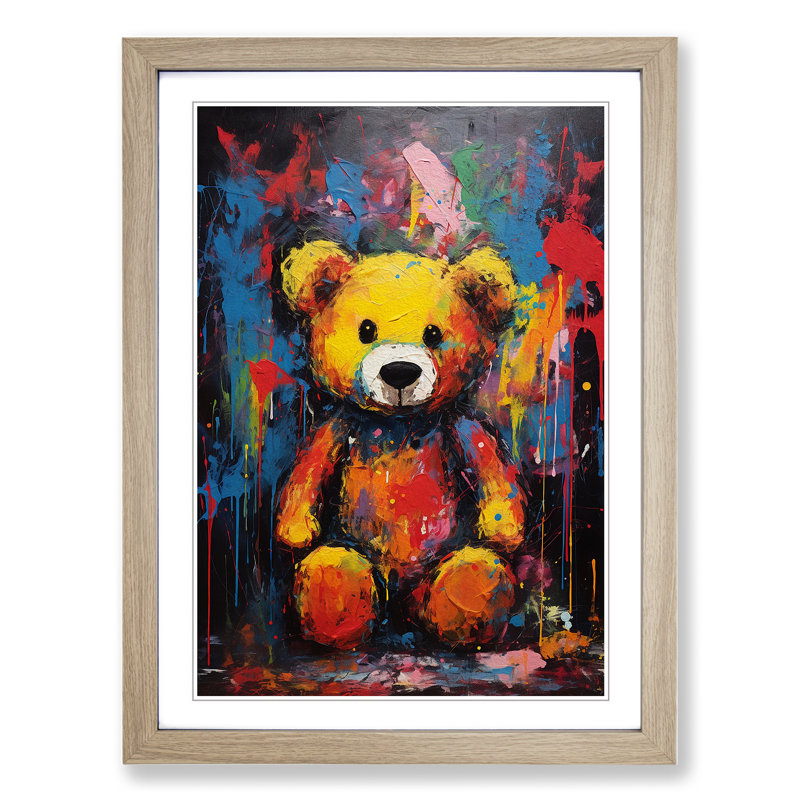 Teddy Bear Expressionism No.2 - Single Picture Frame Print on Wood, Oak Framed, 64cm H x 46cm W