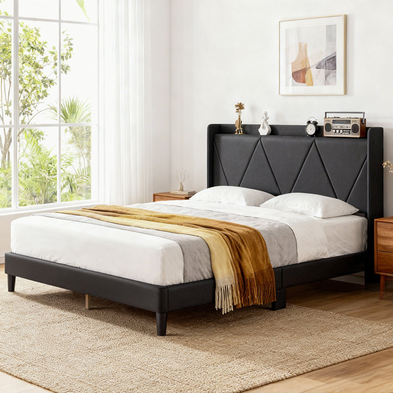 Modern Upholstered Platform Bed Frame with Headboard & USB Charging Station, Full