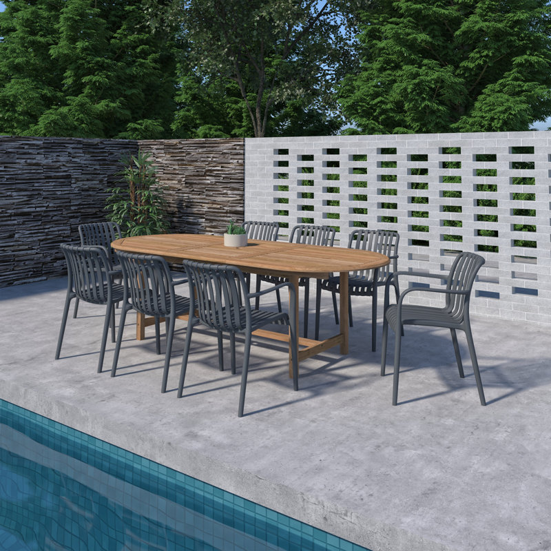 9Pc Dayane FSC Teak And Resin Outdoor Oval Patio Extendable Dining Set, Gray