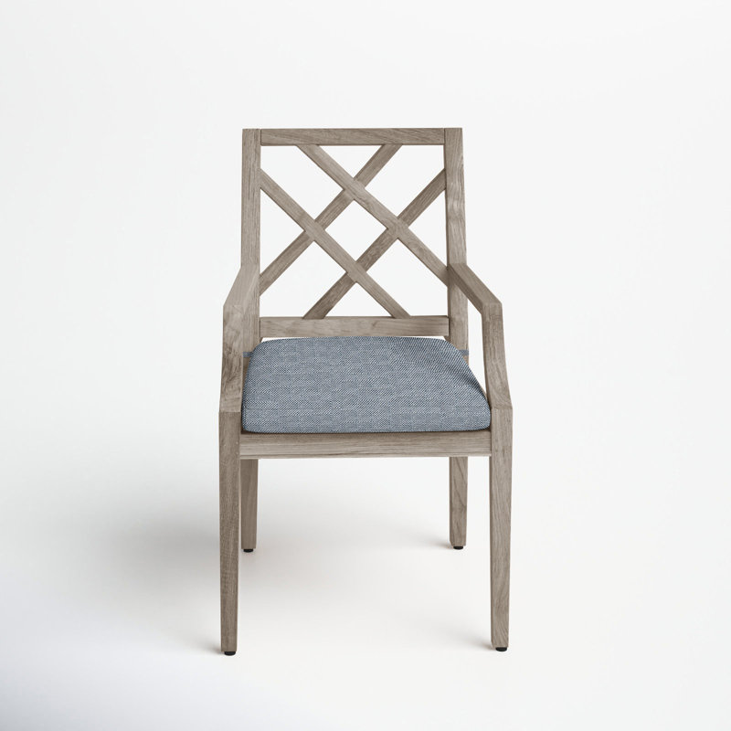 Haley Patio Dining Armchair with Cushions, Oyster Teak, No Welt, Rollo Chambray InsideOut® Linen