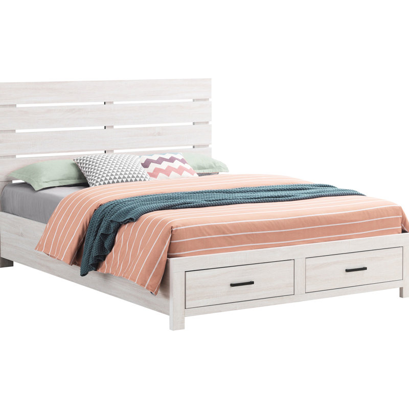 Très grand lit côtier blanc avec tête de lit à lattes, rangement, apparence de bois d'ingénierie, panneau de taille d'apparence de chambre à coucher avec finition, caractéristique du meuble