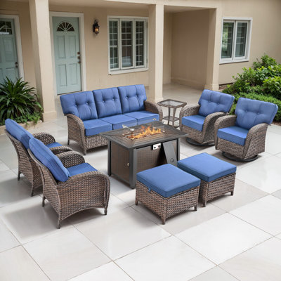 Agnes 9 Piece Outdoor Rattan Patio T-Back Cushions Conversation Furniture Set With Fire Pit Table by Lark Manor
