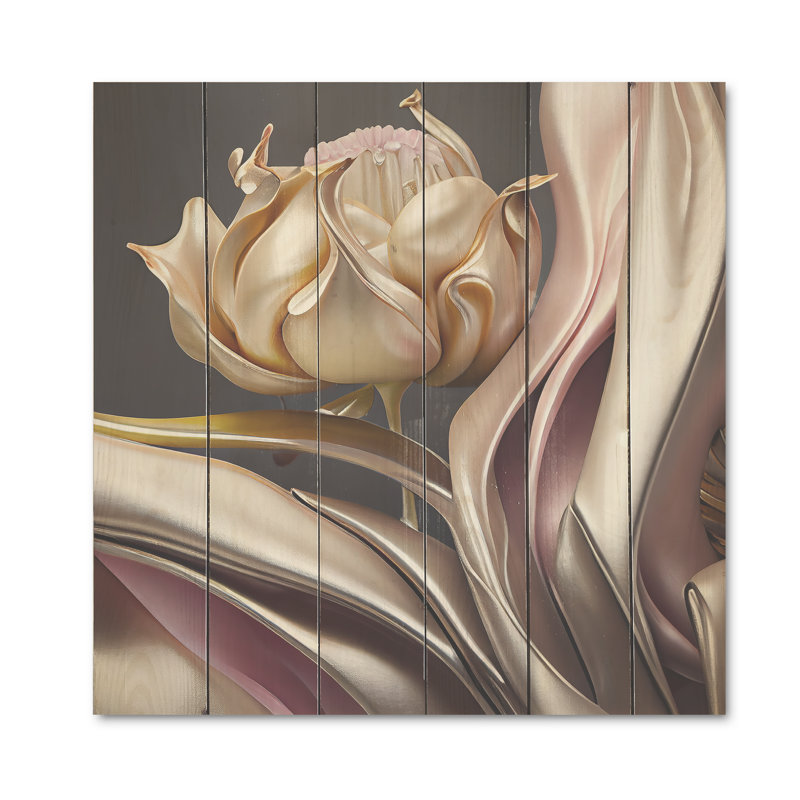Fleurs glamour élégantes en or et taupe II - impression sans cadre sur bois, H 24 po x l 24 po x P 1 po