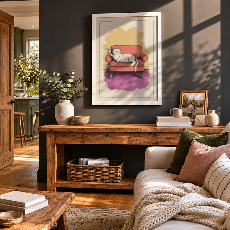 Cat On Coral Sofa Modern - Print, A4 - 29.7 x 21.0 cm, White