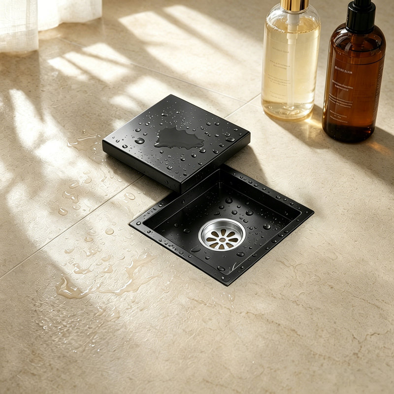 Drain de douche carré de 6 pouces, Noir mat