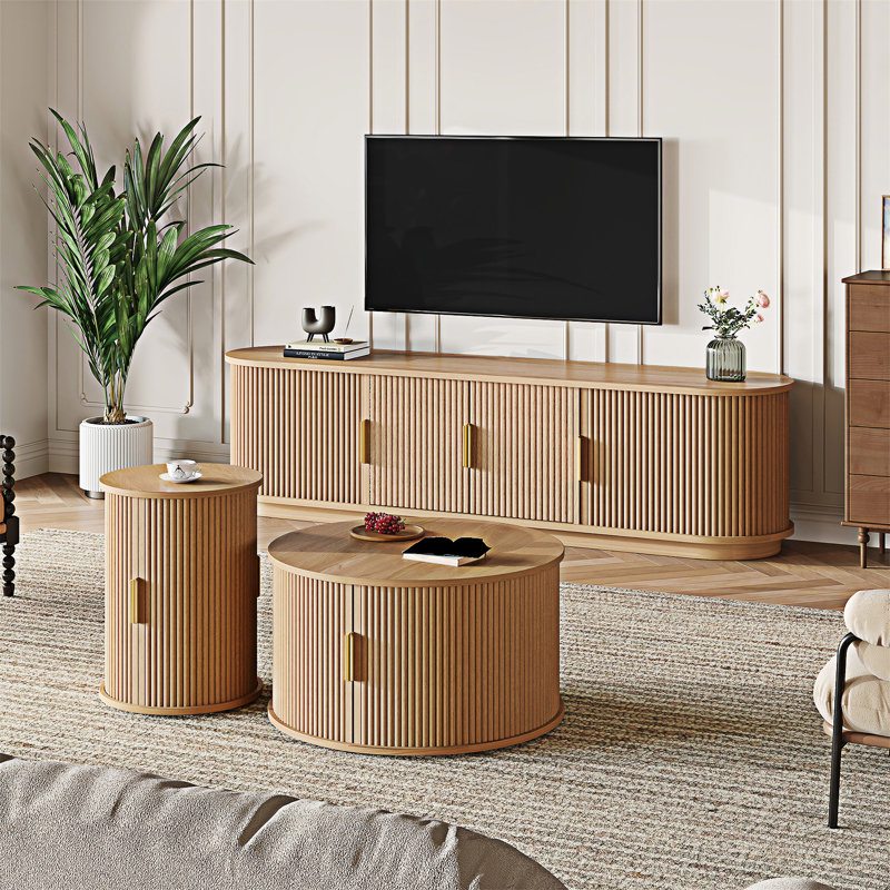 Meuble télé et table basse en bois avec portes coulissantes cannelées, Naturel