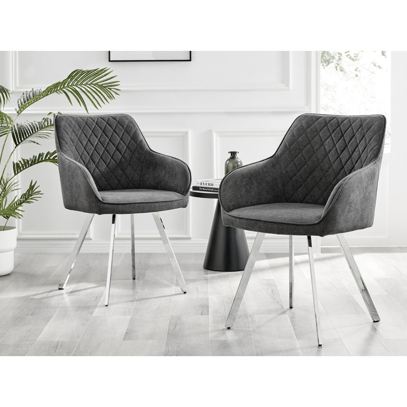 Eubanks Luxury Fabric Upholstered Dining Chair with Chrome Metal Legs - Modern Home, Dark Grey, Silver