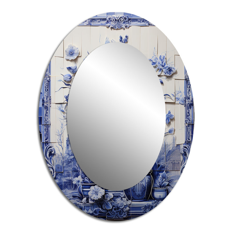 Miroir mural bleu et blanc Boho Flower Pottery II - Blue Bohemian, H 40 po x l 30 po