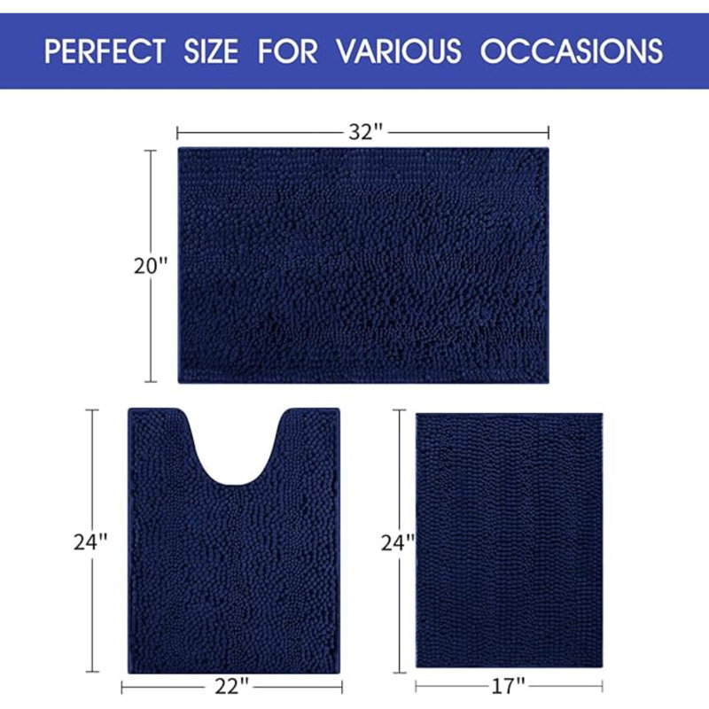 Ensemble de tapis de salle de bain rayé brun ultra doux et antidérapant en chenille pour salle de bain 3 pièces, Navy Blue