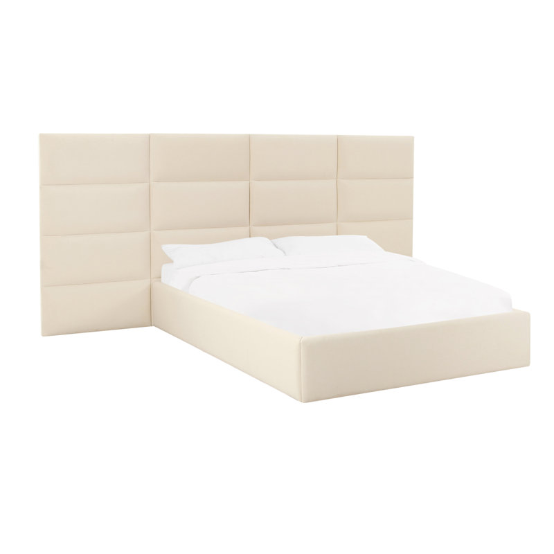 Cream Velvet Upholstered Queen Bed with Adjustable Headboard