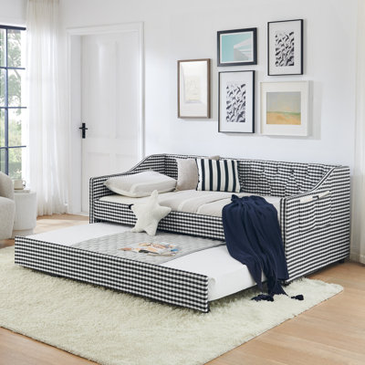 Lit de jour simple, lit de jour convertible rembourré avec dossier capitonné, canapé-lit polyvalent 3 en 1 avec lit gigogne escamotable et rangement latéral, parfait pour les petits espaces de vie - noir