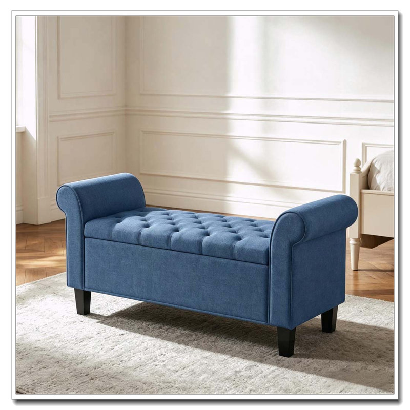 Banc de rangement touffeté à accoudoirs roulés, Bleu, Bleu