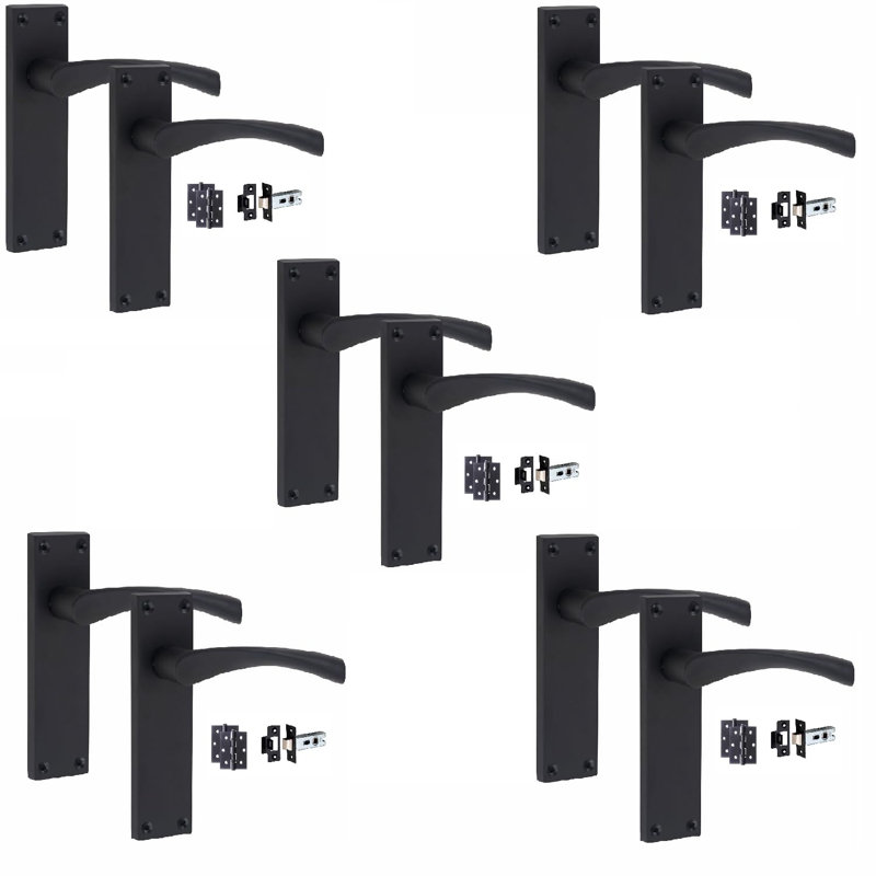 5 Sets Victorian Scroll Astrid Door Handles in Matt Black with 1 Pair of 3" Ball Bearing Hinges & Latches Pack - 150mm x 40mm Backplate
