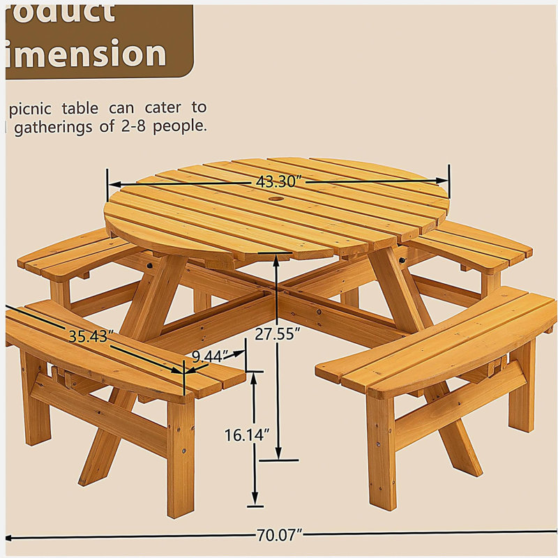 8 Person Wooden Picnic Table, Outdoor Camping Dining Table with Seat, Garden, DIY w/ 4 Built-in Benches, 2220lb Capacity - Natural