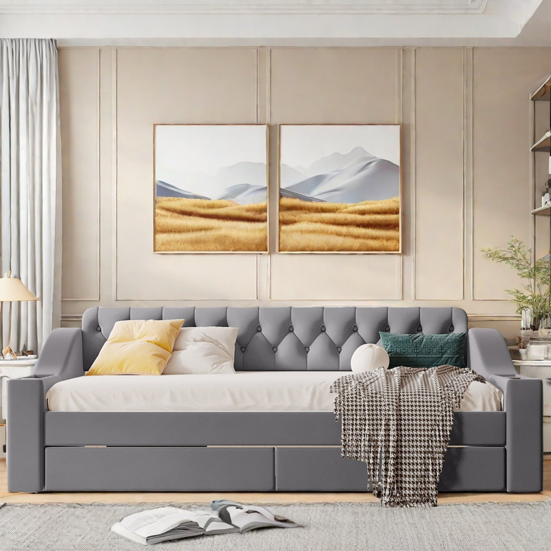 Leyun  Daybed With Storage Armrests, Usb Ports, Side Pockets, 2 Drawers And Button Tufted Design, Gray
